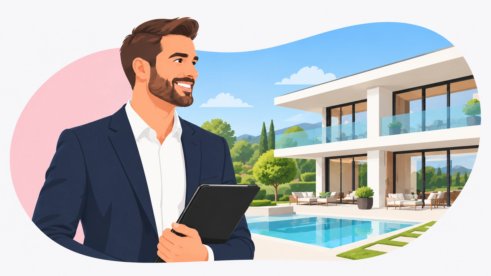 Mandataire immobilier devant une villa contemporaine – RC Pro Ola Prestige !