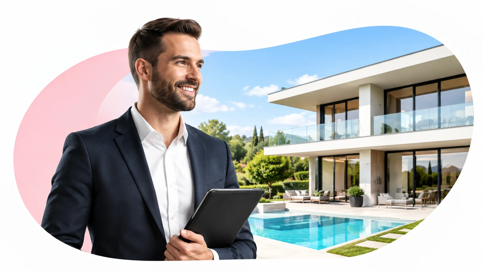 Mandataire immobilier devant une villa contemporaine – RC Pro Ola Prestige !