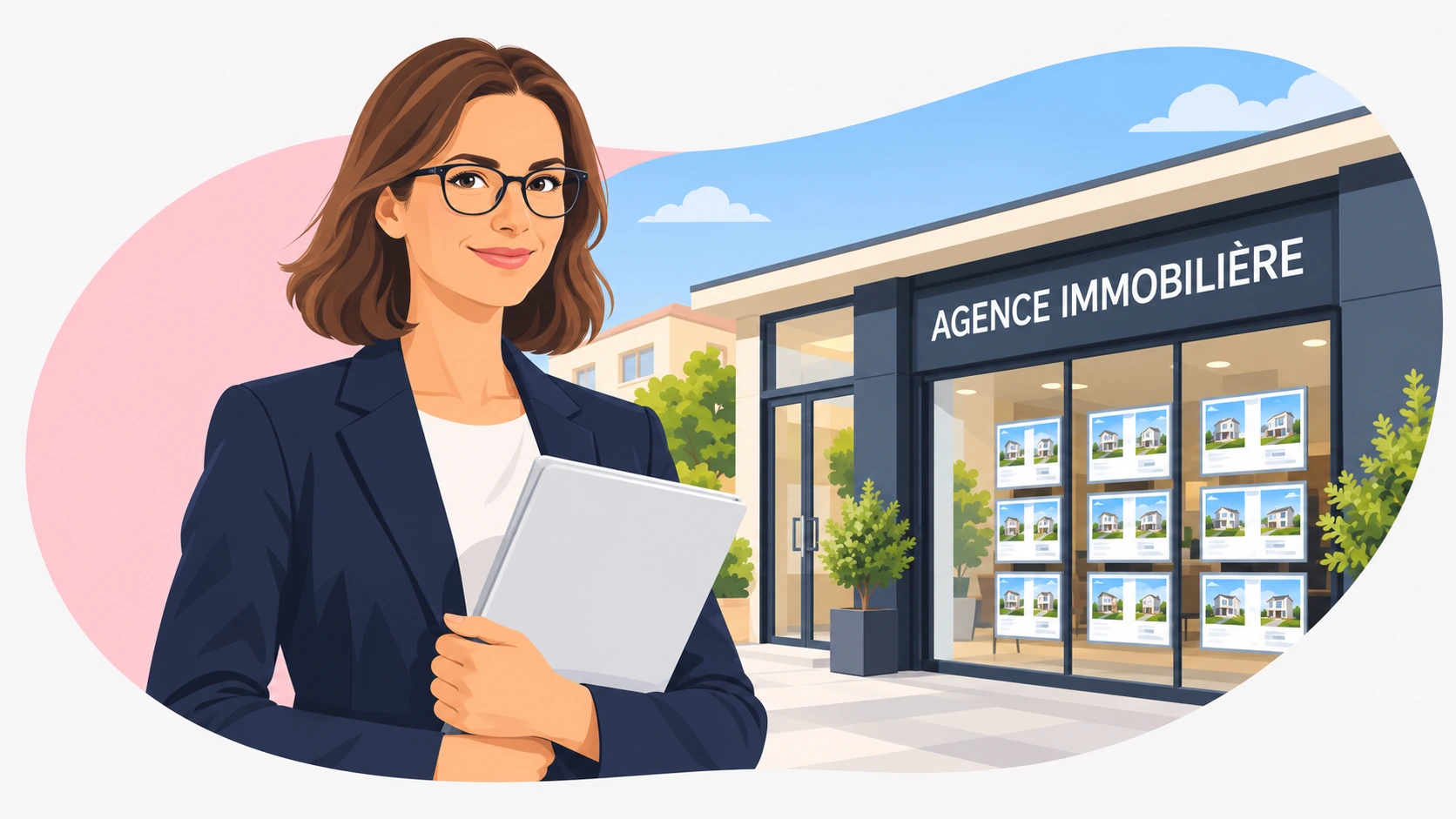 Agent immobilier devant une agence immobilière – RC Pro Olh !