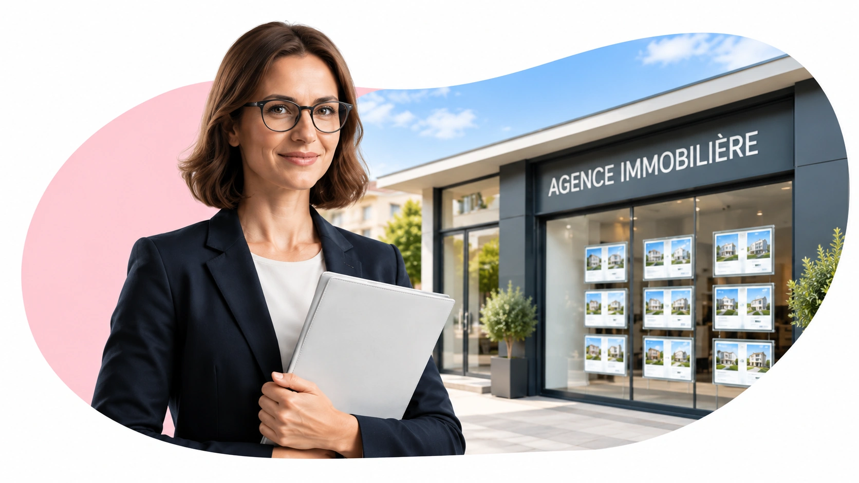Agent immobilier devant une agence immobilière – RC Pro Olh !